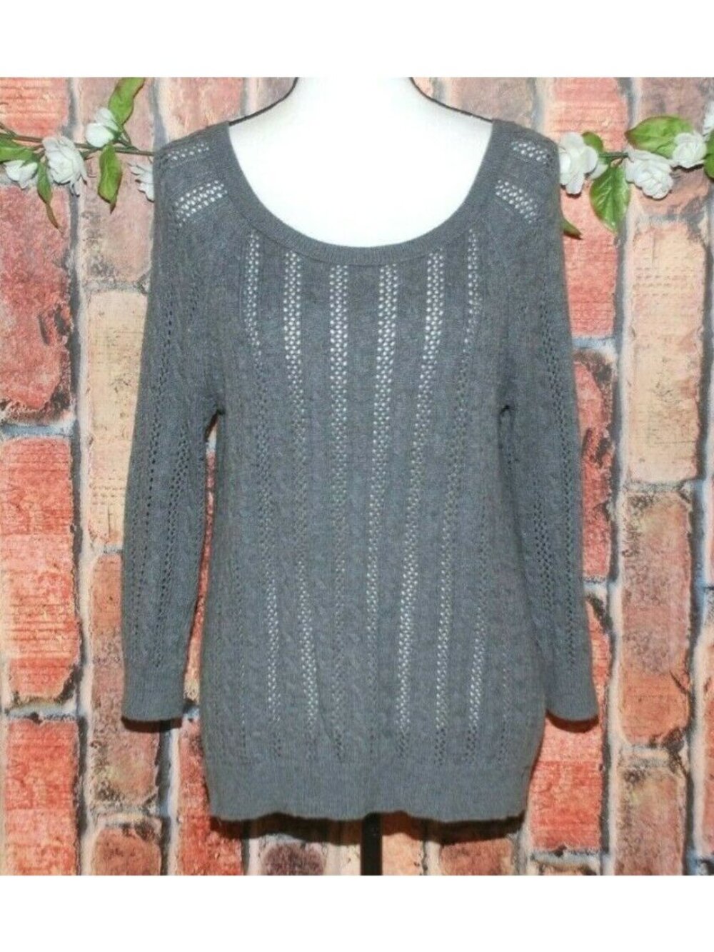 Y2K VTG American Eagle Gray Open-Knit Sweater Womens S Cotton Wool Blend Scoop N